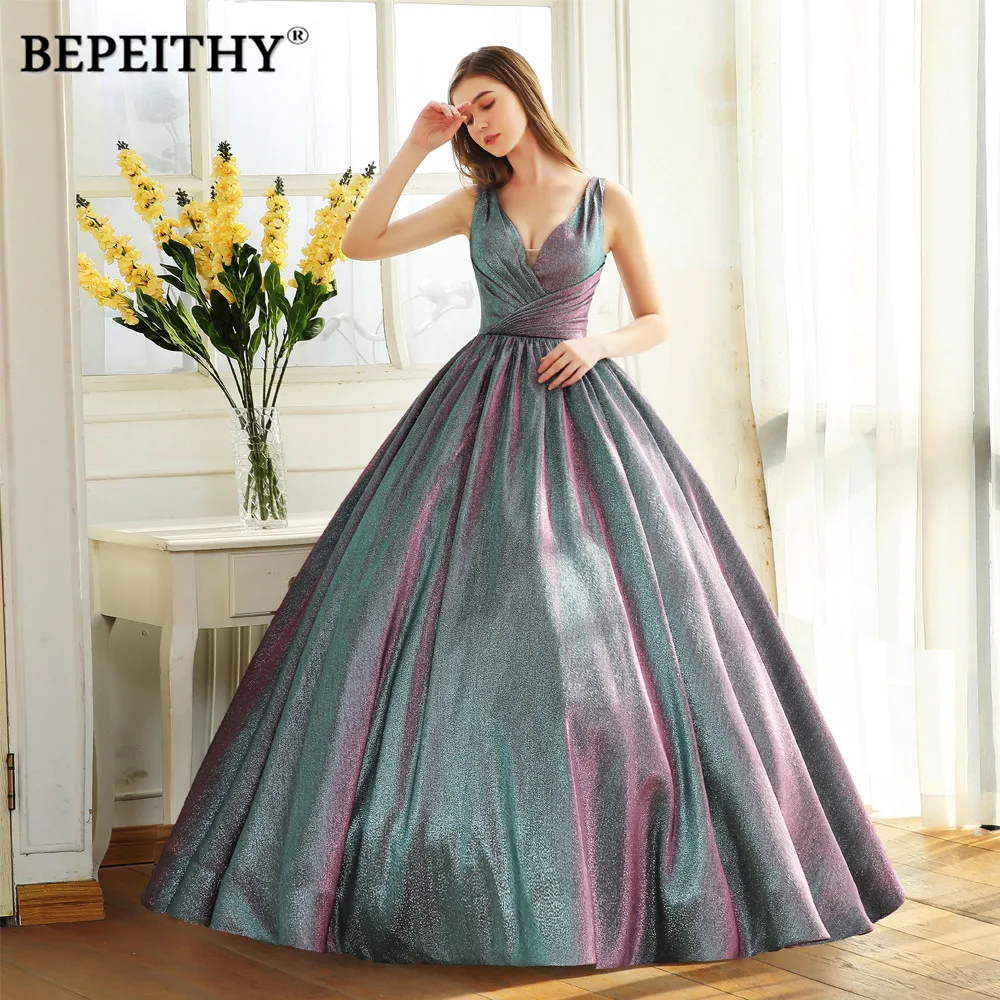 

BEPEITHY Simple V Neck Glitter Long Prom Dress Ball Gown Vestido De Festa Sparkle Evening Party Gown 2019