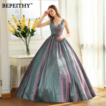 

BEPEITHY Simple V Neck Glitter Long Prom Dress For Women Dubai Shinning Ball Gown Luxury Evening Party Gown 2020 Hot Sale