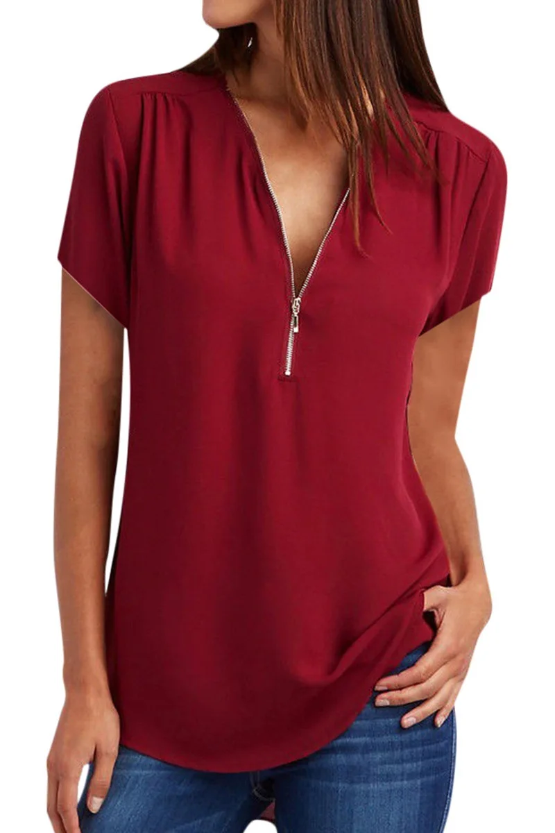

Fashion V-neck Zipper Short Sleeve Womens Blouses And Tops Woman 2019 Summer Plus Size 4xl 5xl Chiffon Casual Shirts Ladies Tops