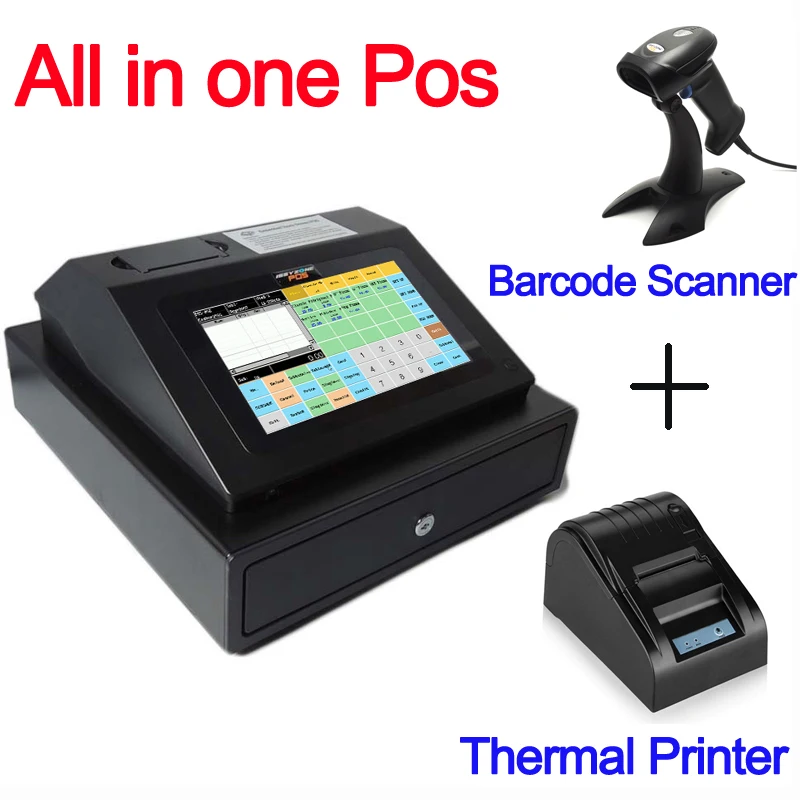 Kopen IPCR004 Gratis Software All in One POS Machine Touch Screen Kassa omvatten Kassalade + Thermische printer + Barcode scanner