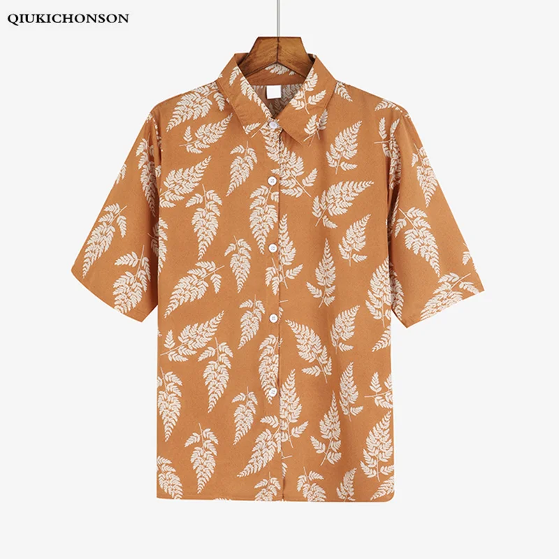 

Qiukichonson Leaves Print Korean Style Women Shirts 2019 Turn-down Collar Casual Short Sleeve Summer Blouse femme