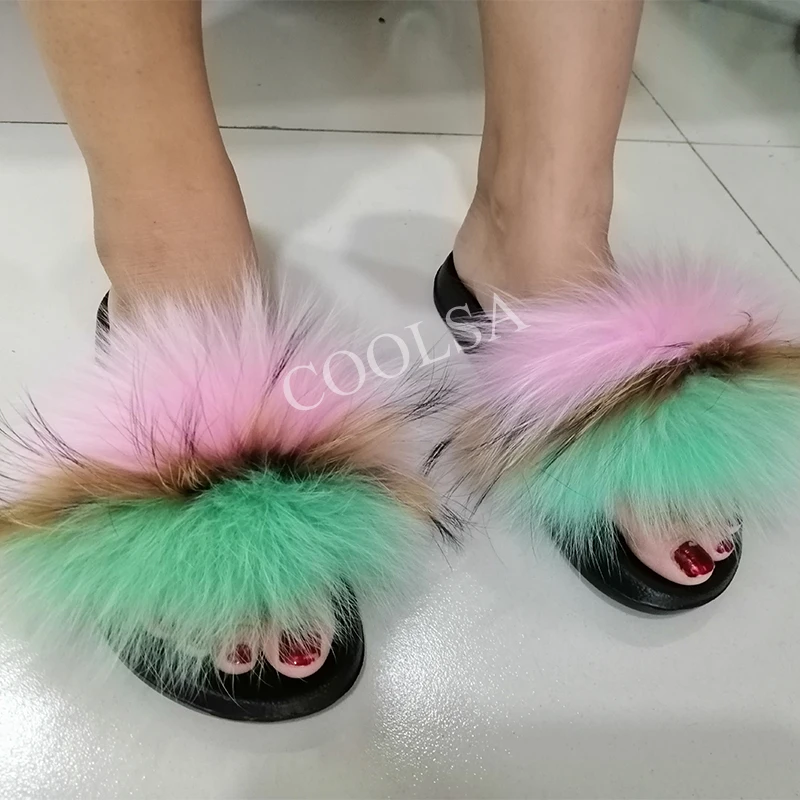 COOLSA Hot Women's Striped Plush Fur Slippers Super Fluffy Furry Fox Fur Slides Travel Quick Drying Beach Flip Flops Plus Size