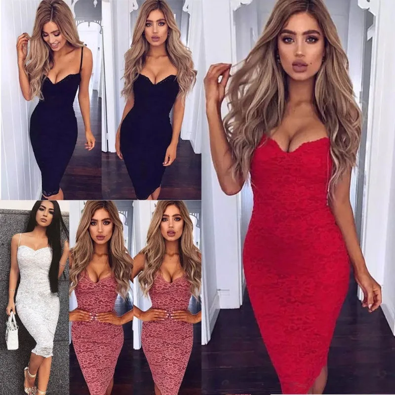

Sexy Summer Lace Bodycon Party Pencil Dress Women V-Neck Spaghetti Strap Knee-Length Dresses For Women Female vestidos de fiesta