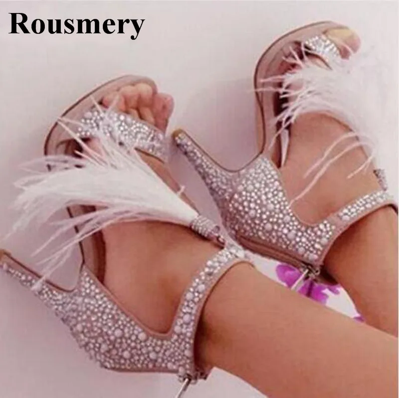 

Women Charming Open Toe White Rhinestone Ankle Wrap Tassels High Heel Sandals Cut-out Crystal Sandals Wedding Shoes Dress Shoes