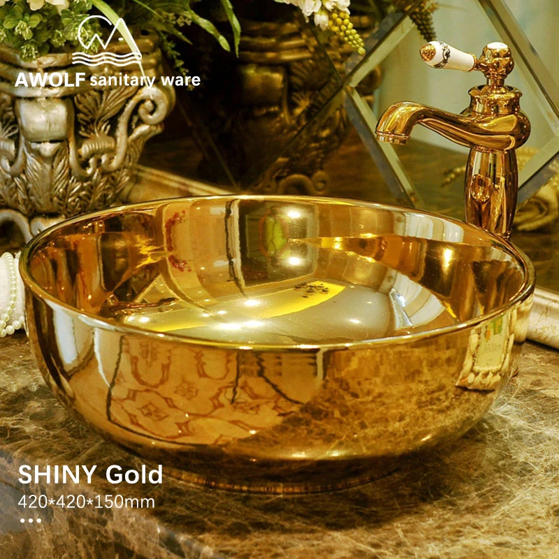 

Washing Bowl Bathroom Sinks Shiny Gold Ceramic Vessel Basin 420*420*150mm Lavatory Sink Above CounterAM821