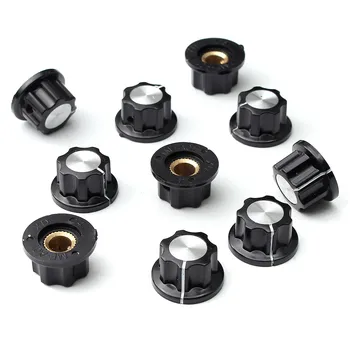 

10 PCS Potentiometer Control Knobs 6mm Hole 16mm Top Black Silver Tone Potentiometers