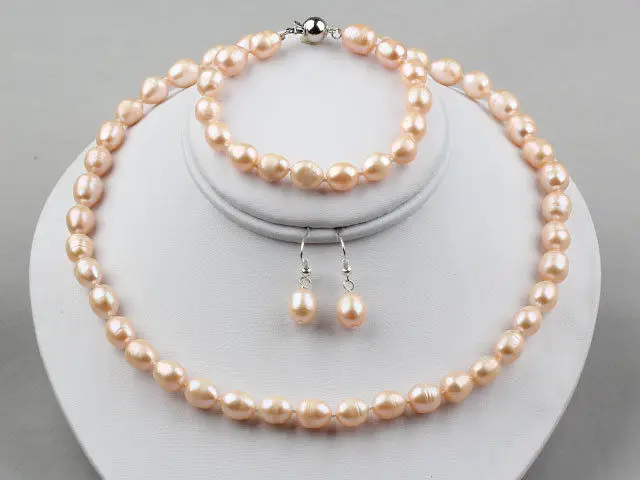 

Details about Natural Pink Rice Freshwater Pearl Necklace and Matched Bracelet, Earrings set