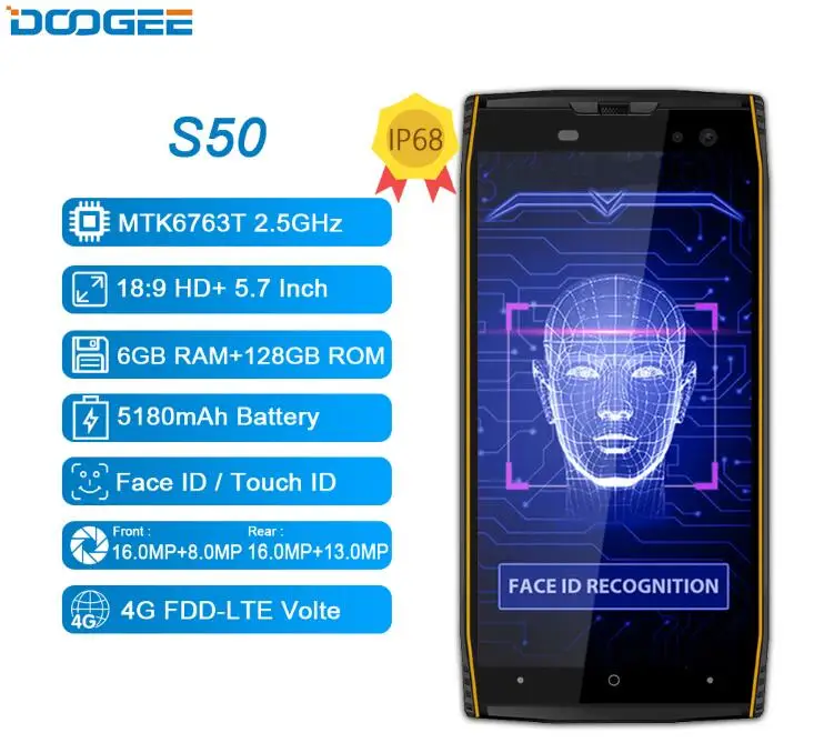 DOOGEE S50 5180 мАч 5 В/2A Quick Charge IP68 Водонепроницаемый 7 дюймов MTK6763 Восьмиядерный 16MP Quad