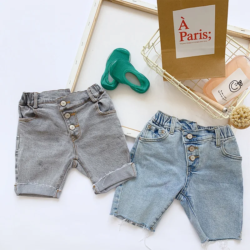 

Summer Korean style fashion denim middle pants for baby boys kids fashion all-match Oblique placket shorts