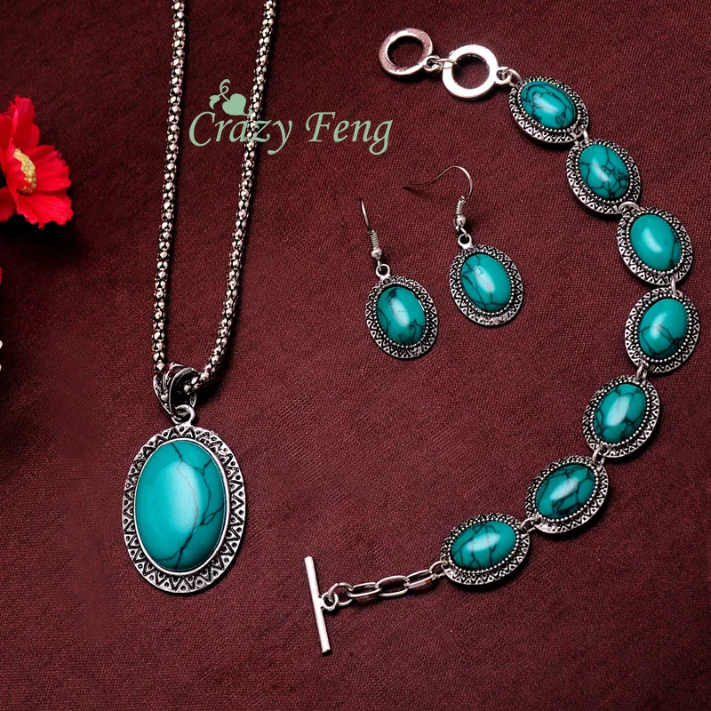 

Newest Gift For Women Ancient Tibetan silver Jewelry Necklace Earrings Fashion Green Stone Jewelry Set Charm Bracelets