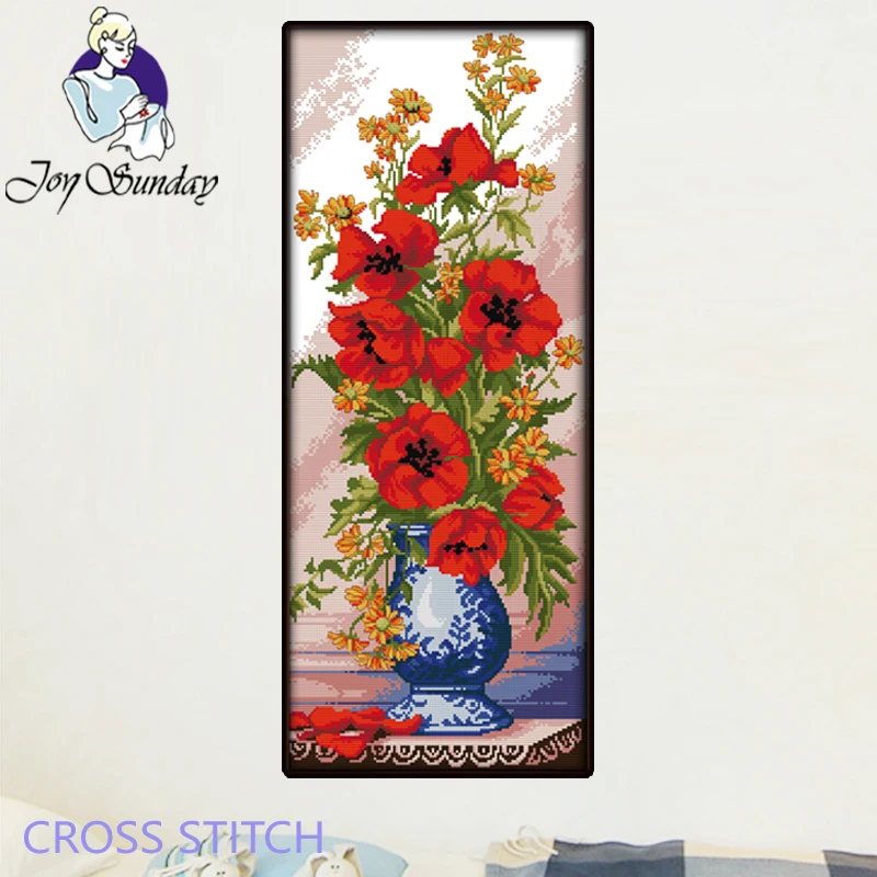 Joy Sunday,Poppy vase,cross stitch embroidery set,printing cloth embroidery kit,needlework,Flowers pictures cross stitch set (3)