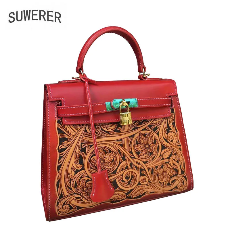 

SUWERER 2019 new fashion leather ladies handbag National style retro handmade leather carving brand bag female