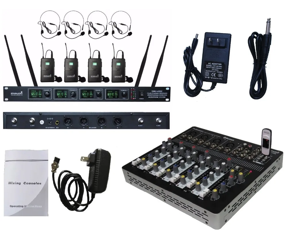

STARAUDIO Professional 6 Channel Stage Karaoke BT USB Mixer Mixing Console with 4CH UHF Headset Microphones SMX-6000B