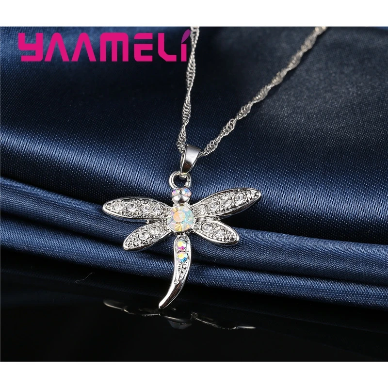 Women's Glitter Colored Cubic Zirconia Necklace And Earrings Set Dragonfly Design 925 Sterling Silver Color Jewelry for Girls 4