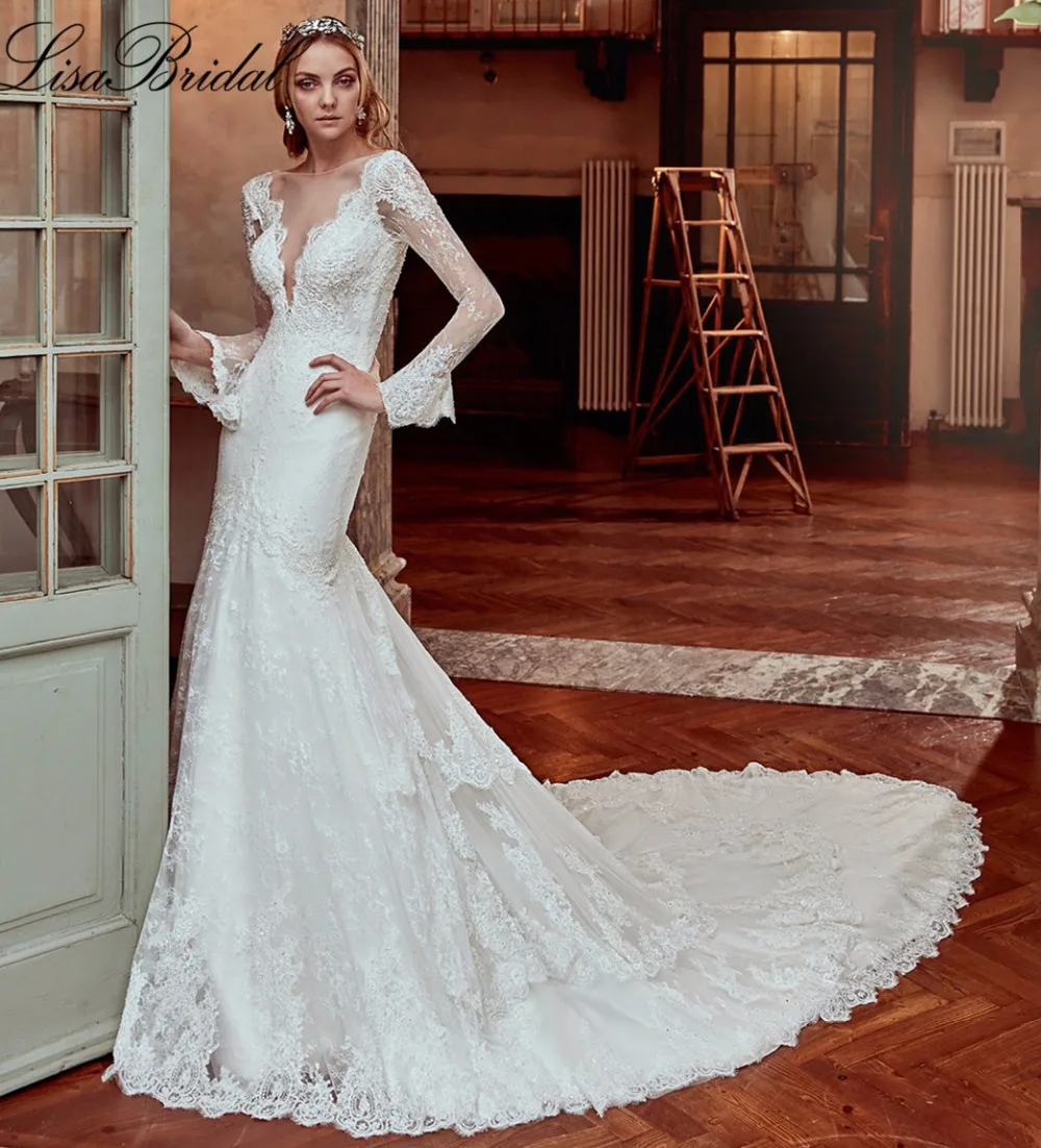 New Amazing Long Sleeve Wedding Dress 2017 Sheer Boat Neck V back Court