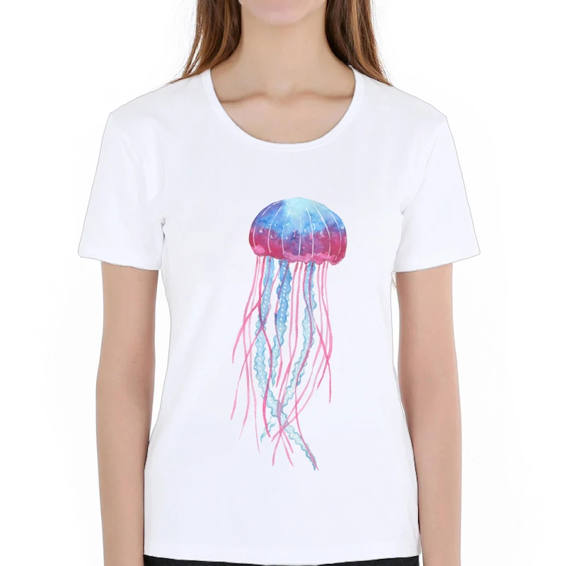 

New Brand Summer Women's T-Shirt Handsome Blue Pink Jellyfish Printed Short Sleeve O-Neck Modal Hipster Tops Tees