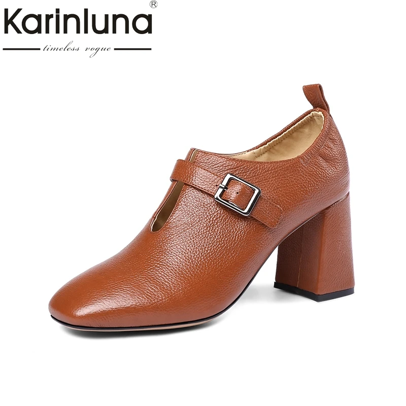 KarinLuna genuine leather 2018 large size 33-43 buckle strap square high Heels women pumps woman black Shoes woman KarinLuna genuine leather 2018 large size 33-43 buckle strap square high Heels women pumps woman black Shoes woman