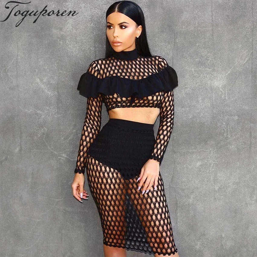 Ruffle Dress 2 Piece Set Women Sexy Mesh Perspective Black
