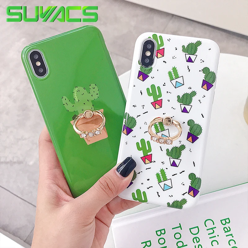 

SUYACS Functional Ring Stand Cactus Phone Case For iPhone 6 6S 7 8 Plus X XR XS MAX Smooth Soft IMD Phone Cases Cover Shell Bag