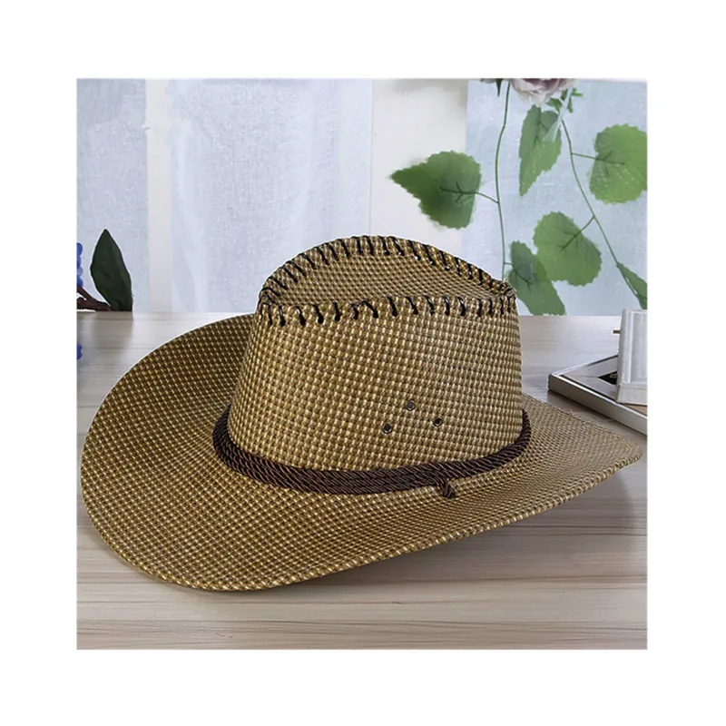 Летняя мода, Мужская однотонная соломенная ковбойская шляпа в западном стиле с веревкой, с широкими закручивающимися полями, кепка, ремень для подбородка, пляжные солнечные шляпы для защиты от УФ-лучей