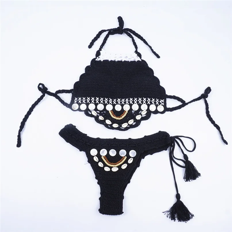 Bohemian Women Push-Up Handmade Knitted Bikini Set Swimwear Bra Hand-knit shellfish hanging neck split Swimsuit Beachwear J07 (5)