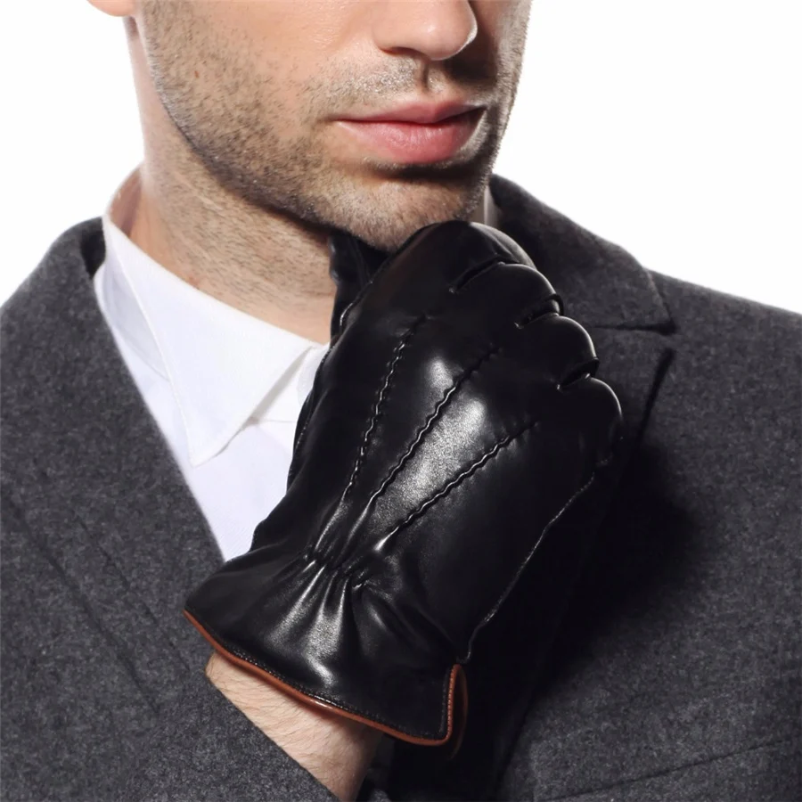 HOT SALE Men's Genuine Leather Gloves Swallow Tailed Design Winter Sheepskin Glove Velvet Lined Gloves Male EM009WQF-5