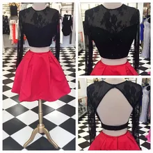 Zwei Stück Formale Cocktailkleider O Neck Perlen Crop Top Backless Long Sleeves Black Lace Zwei Stück cocktailkleid