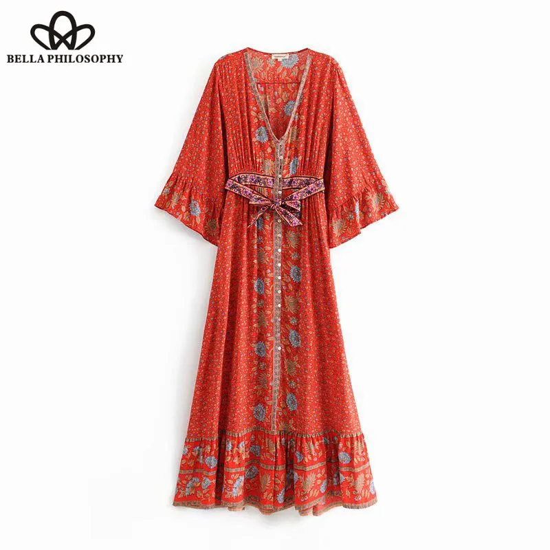 vintage viscose floral printed boho dress sashes v-neck female vestidos batwing sleeve with belt women sexy dress Wonder Store