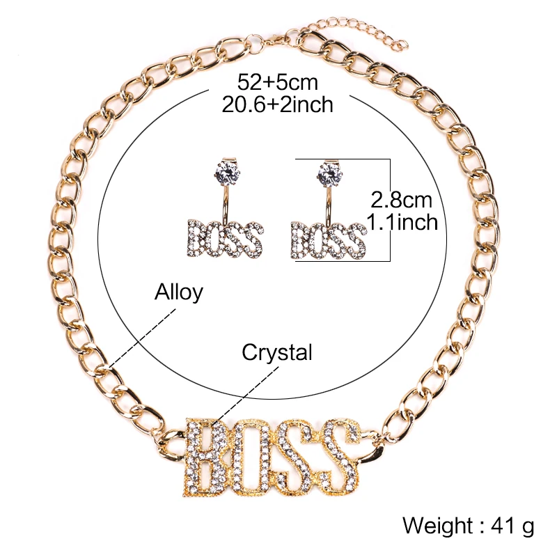 Панк Кристалл Письмо Босс кулон ожерелье серьги браслет золото серебро Цвет Длинная кубинская цепь хип хоп ювелирный набор для мужчин и женщин