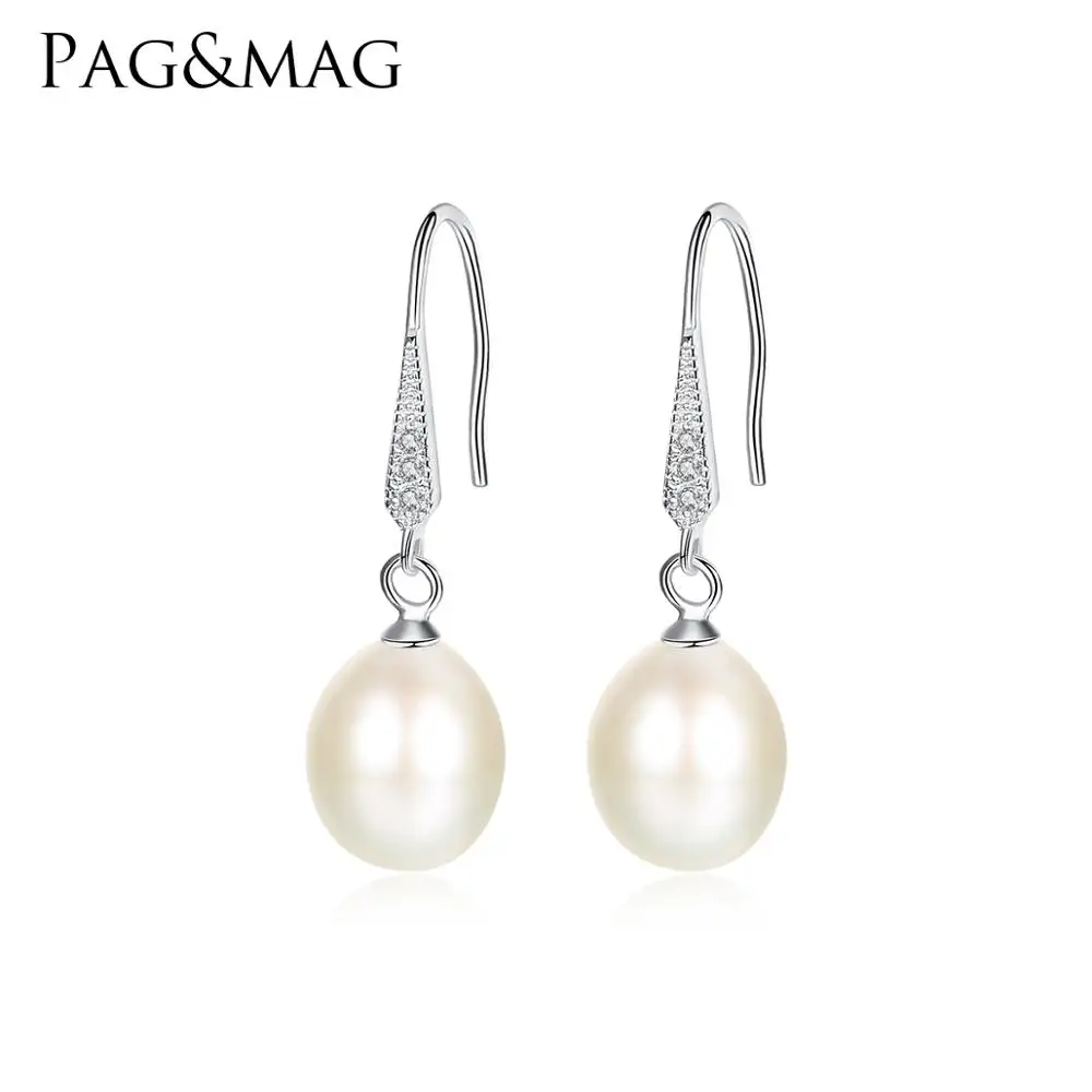 

PAG&MAG 925 Sterling Silver Natural Pearl Drop Earrings Female Wedding Party Shiny CZ Boucle D'oreille Femme 2019 Fine Jewery