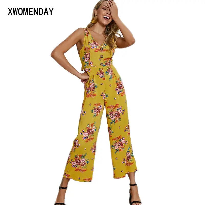 

Deep V Neck Sleeveless Jumpsuit Women Summer Sexy High Waist Romper Lady Lace Up Bow Backless 2019 New Fashion Elegant Jumpsuit