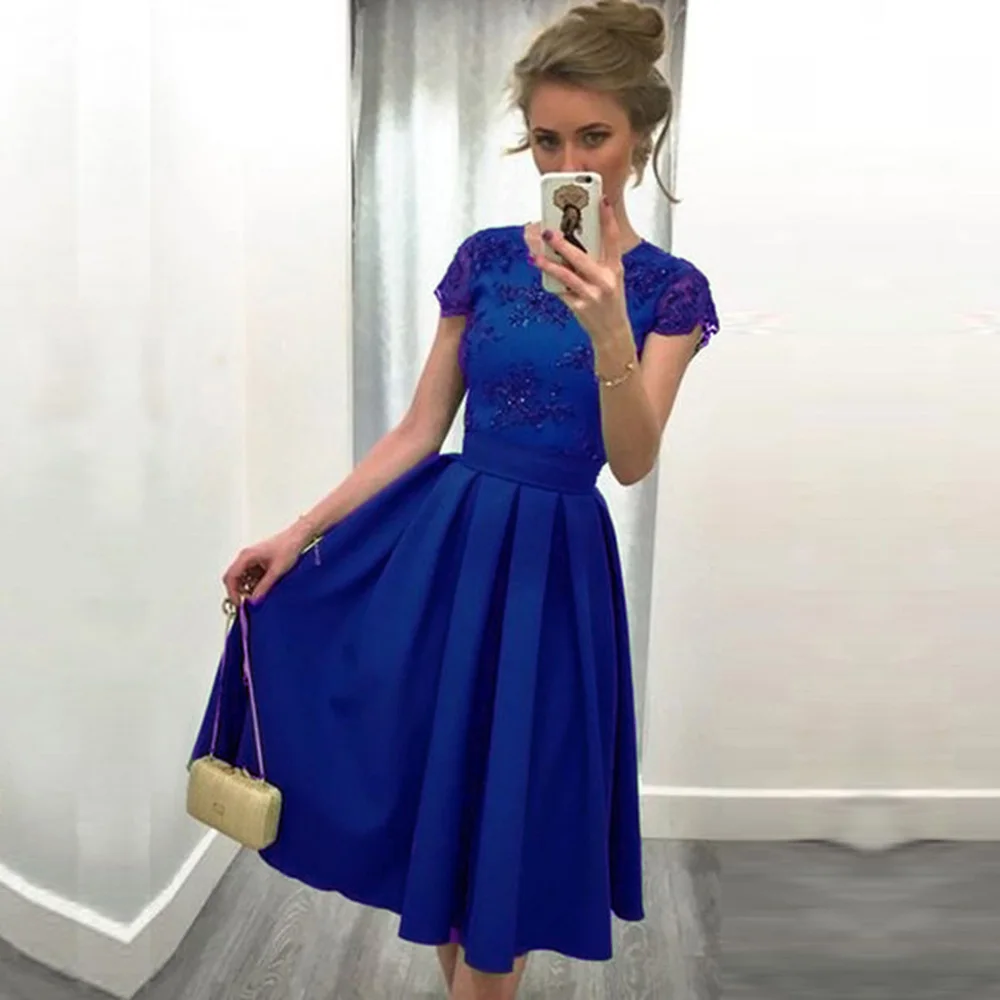 BeryLove Knee Length Royal Blue Dresses With Sleeves