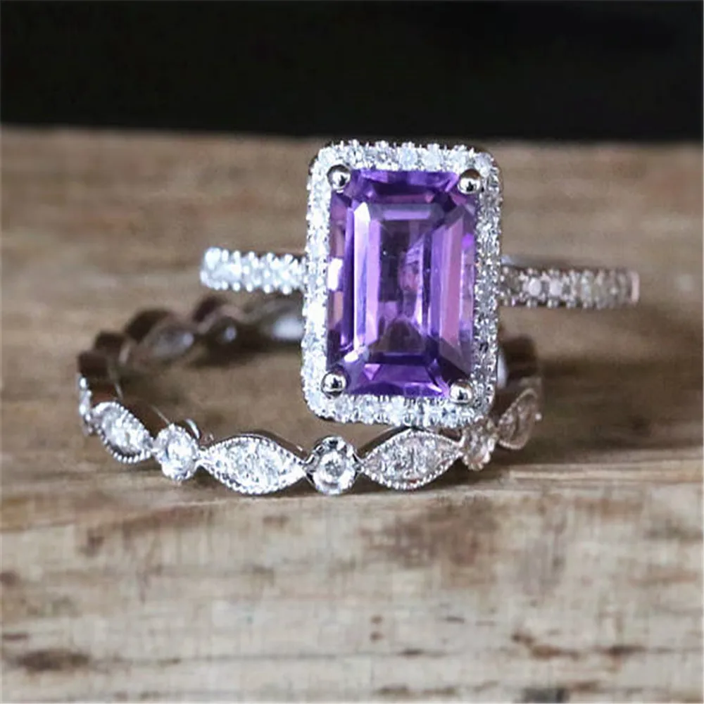 

Princess Purple Stone Rings for Women Wedding Promise Ring Set Crystal Luxury Jewelry Bague Femme Love Ring Anillo Mujer O5D138
