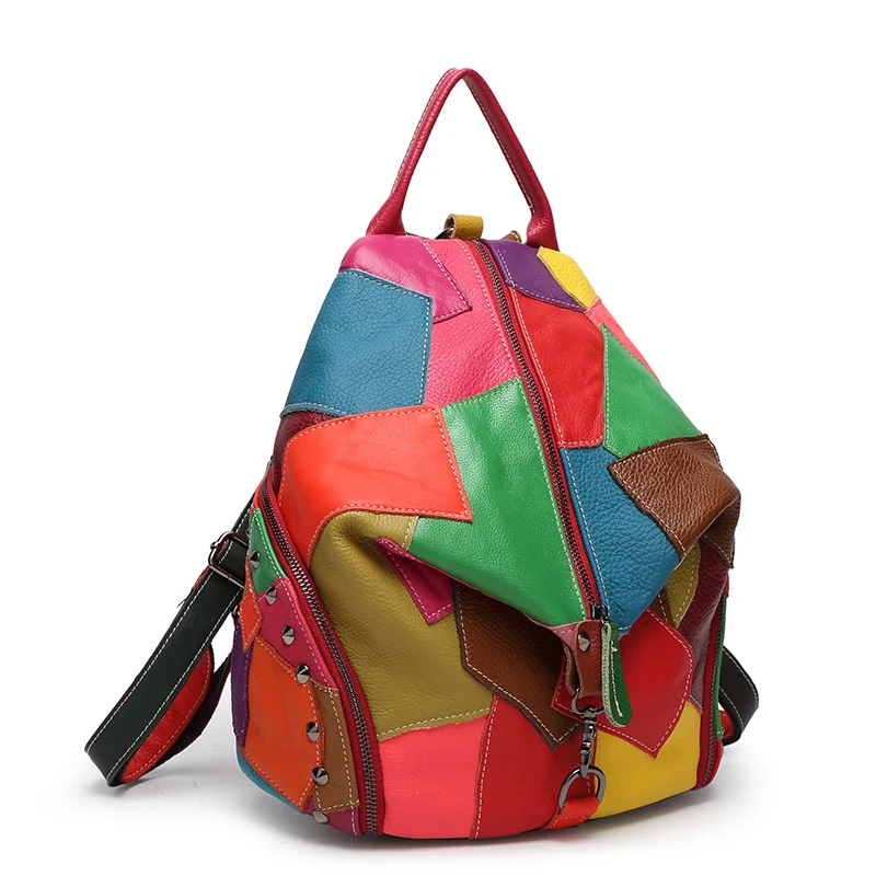 

Patchwork Genuine Leather bagss lady bags for Girls School Backpacks Teenage Colorful Cow Backpack