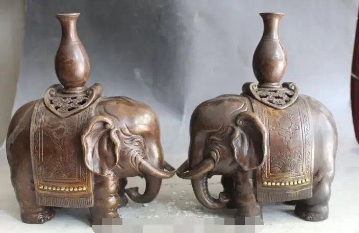 

S00234 11" China Bronze Elephant Incense Burner Censer Flower Vase Bottle Statue Pair (B0413)
