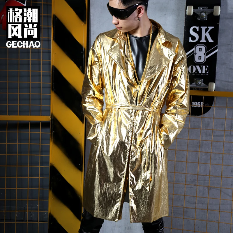 Мужские костюмы для сцены крутой Золотой Тренч барный певец DJ DS GOGO ночного клуба