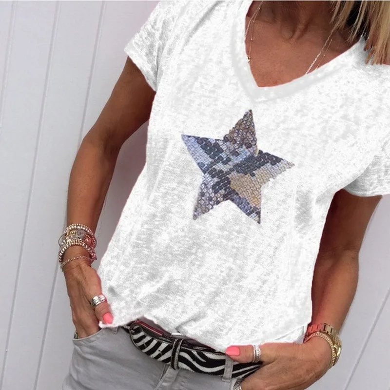 

Star Sequins Decoration V-neck Casual T-shirt 2019 Summer New Women Tops Plus Size S-5XL Short Sleeve Sexy Beach T Shirts Tees