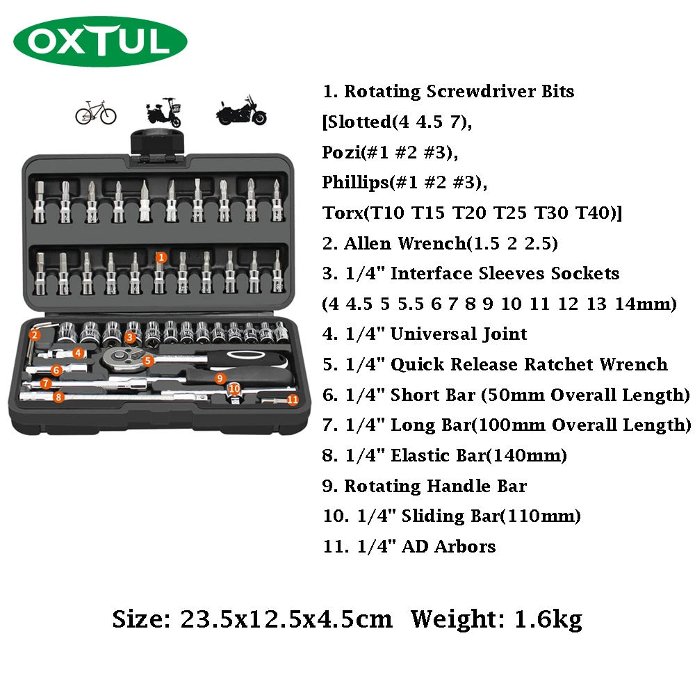 OXTUL 46 шт. профессиональный механический автомобильный Ремонт набор инструментов сокет гаечные ключи трещотка шуруповерт бытовой steel стальной ручной инструмент
