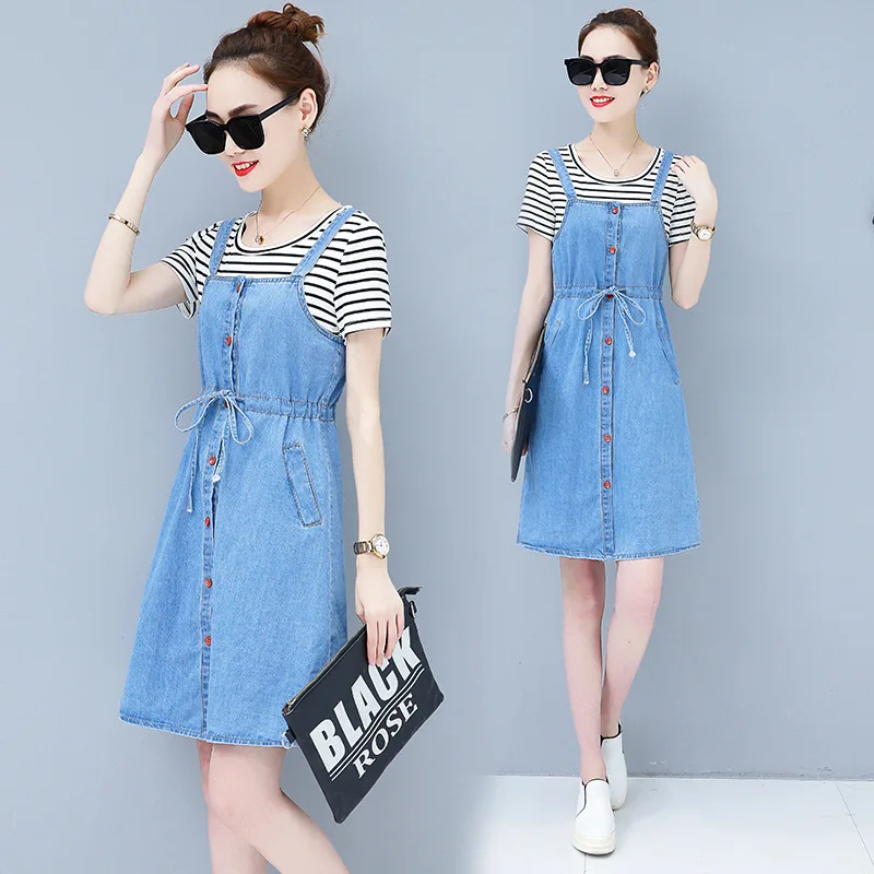 Summer Jeans Dress Women Shirt Washed Sleeveless Suspender Denim Dress Sundress Denim Mini Dress Female Plus Size 2 Piece Sets