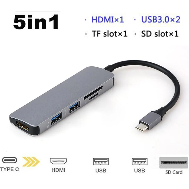 

Wholesale 5 In 1 Type-C To HDMI USB 3.0 USB C hub Adapter For MacBook Samsung Galaxy S9/S8 Huawei P20 Pro SD/TF Card Reader