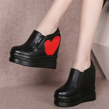 

Black White Vulcanized Shoes Women Genuine Leather High Heel Pumps Shoes Female Round Toe Platform Wedges Trainers Casual Shoes