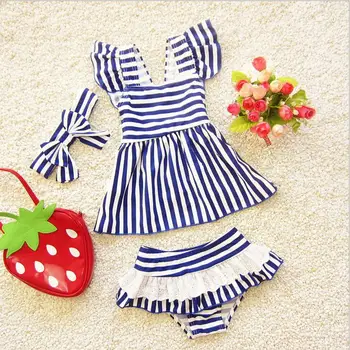 

Princess Flying sleeve baby girl navy striped girl swimwear toddler baby swim suit +headband set baby bathing dress suit
