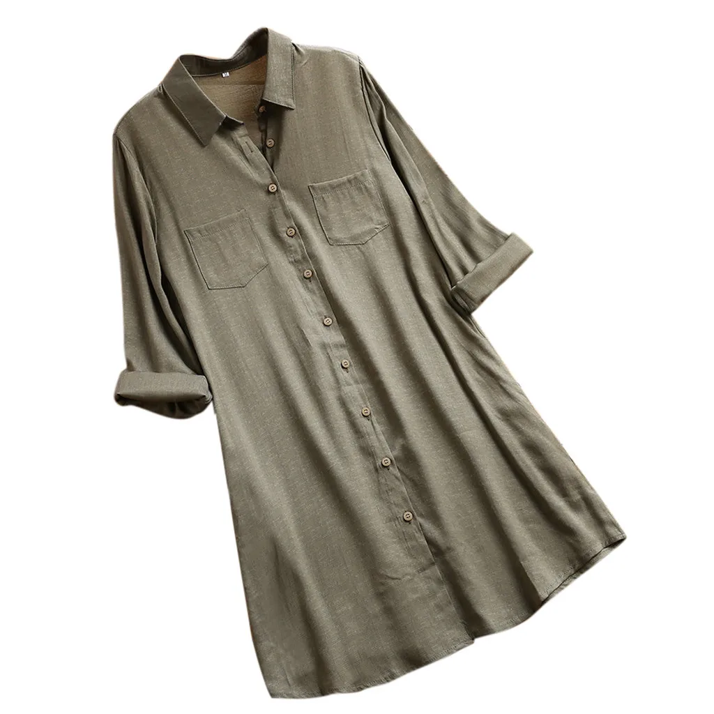

Summer dress Women Casual Loose Solid Pocket Long Sleeve Button beach party dress lady V-neck Tops Mini Shirt Sundress 4 colors
