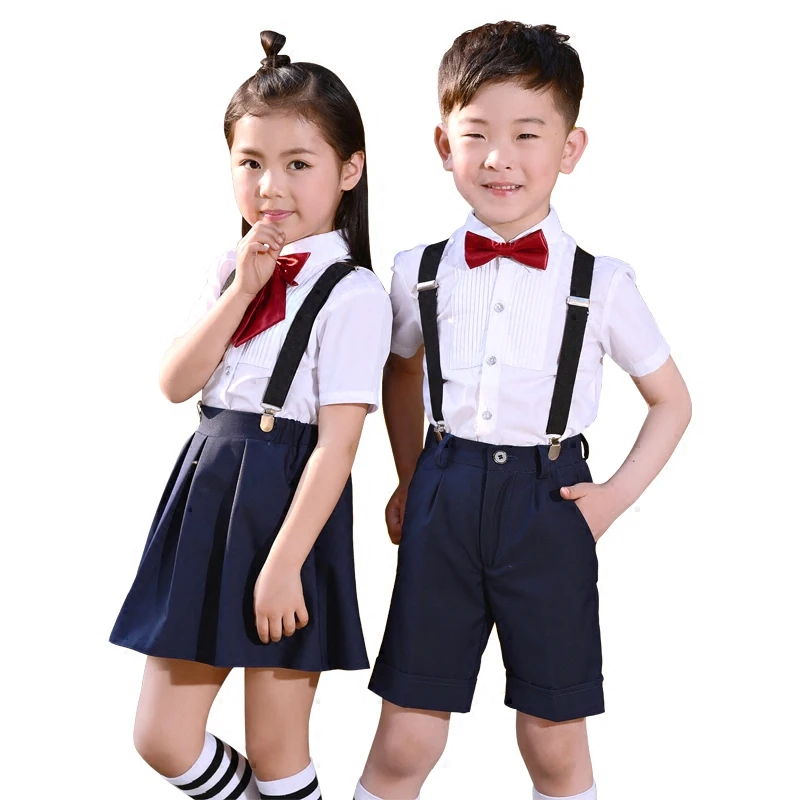 

New Boys Girls Summer Wedding Skirt Shirts Set with Bowtie Formal Girls Birthday Dress School Uniform Children Suit