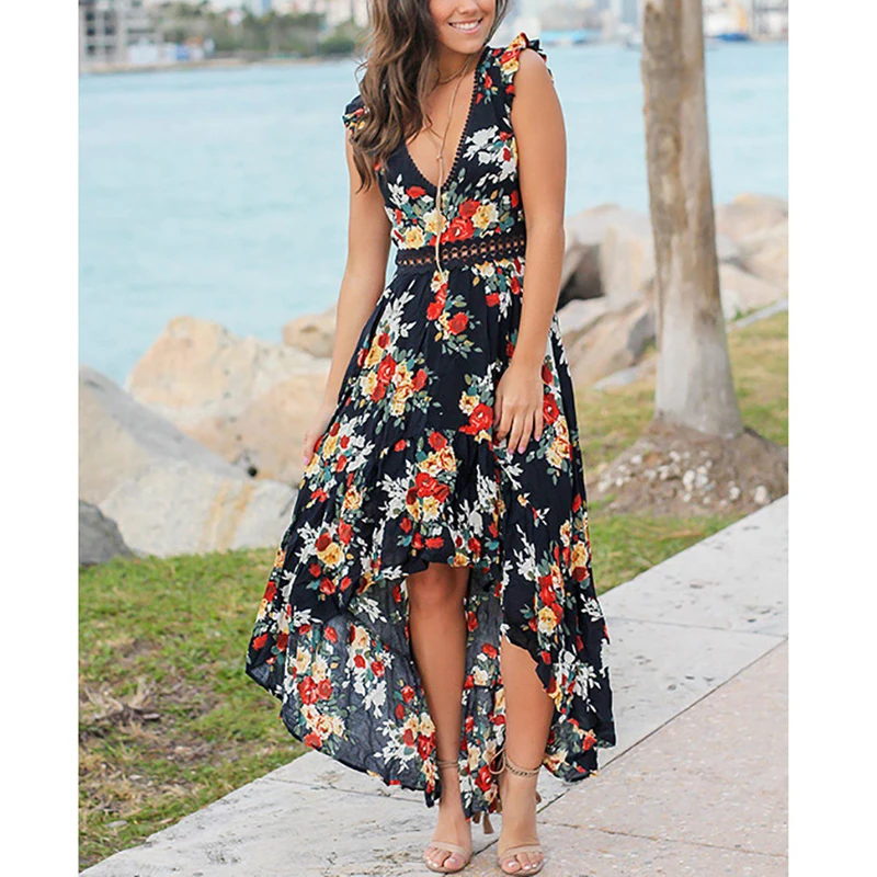 

ZADORIN Women Dress Summer 2019 Floral Print Ruffle Asymmetrical Maxi Dress Sleeveless V Neck Sexy Boho Beach Dress vestidos