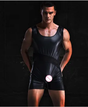 

Men sexy club party jumpsuits high quality fashion paint leather personality wild conjoined boxer bodysuit mens