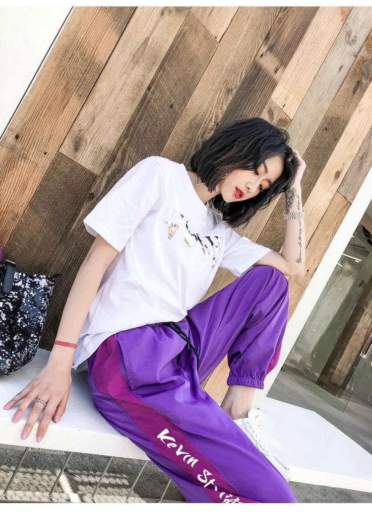 CheerSolo Hip Hop Loose Pants Women Harajuku Purple Sweatpants Side Striped Letter Print Black Trousers Street Style sweatpants