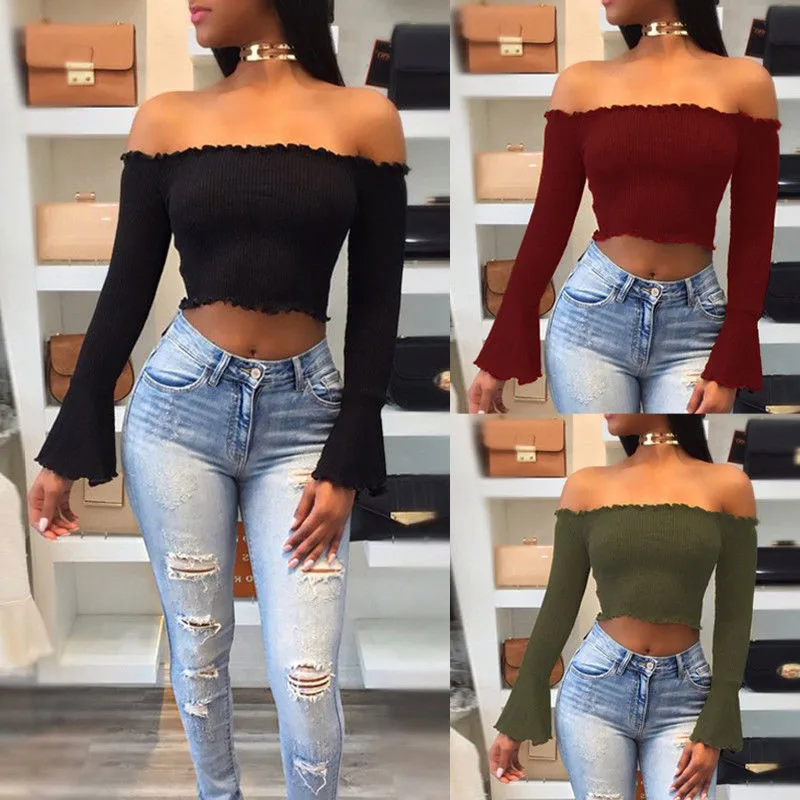 

Womens Ladies Frill Bardot Off Shoulder T-Shirts Jumper Ribbed Long Sleeve Crop Tops
