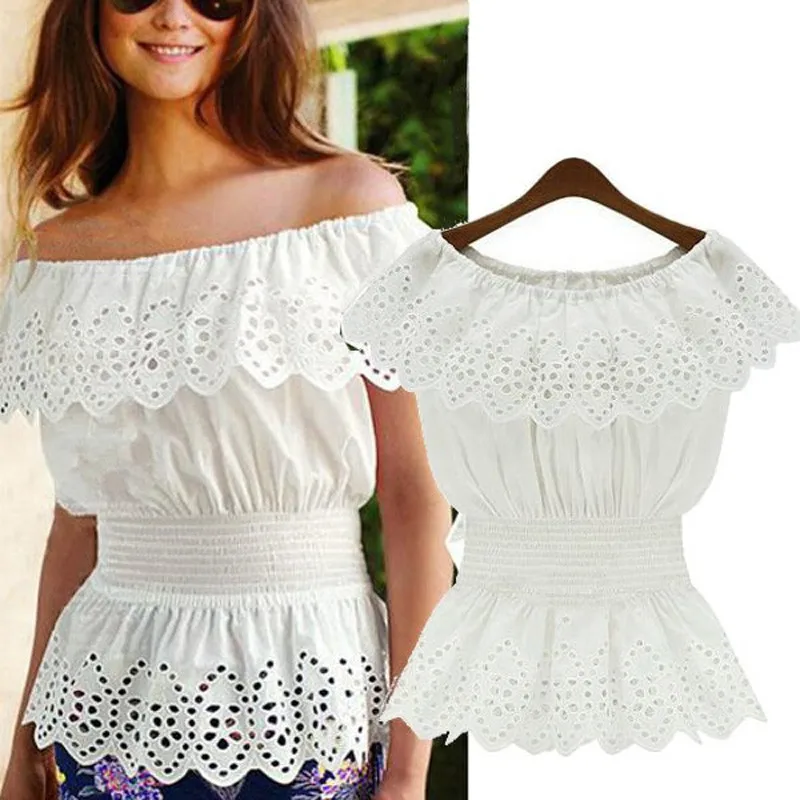 

2019 Celmia Women Sexy Off Shoulder Blouse Lace Peplum Shirt Summer Top Slash Neck Hollow Casual Tunic Tops Cami Blusa Femininas