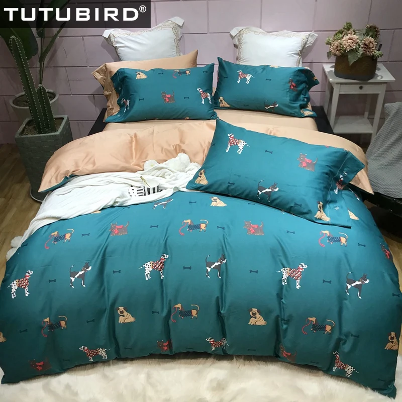 

Luxury Egyptian cotton bedclothes dogs puppy print bedding set blue yellow bedlinen pure soft sheets Satin duvet cover